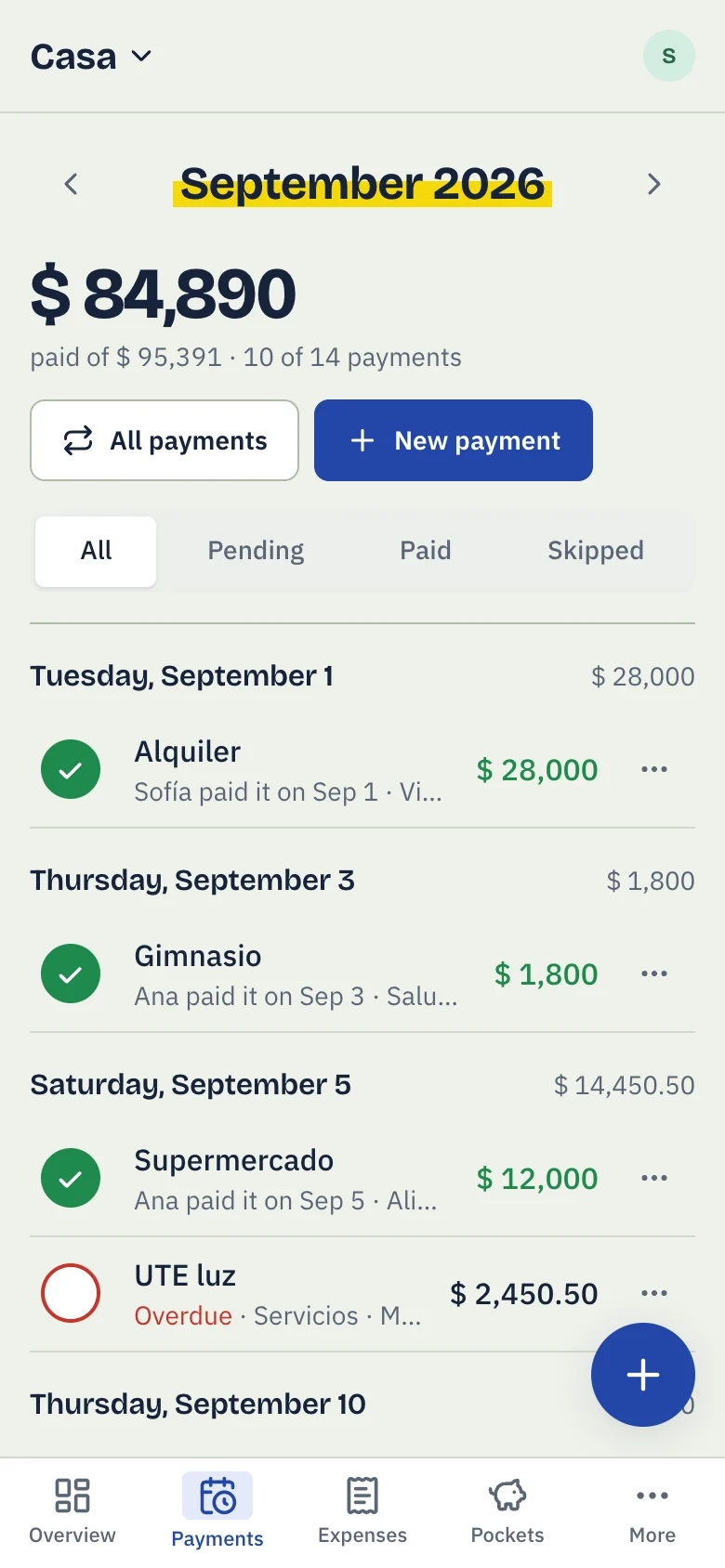 The month’s payments in Mensual, grouped by day, with the paid ones ticked and the overdue ones marked.