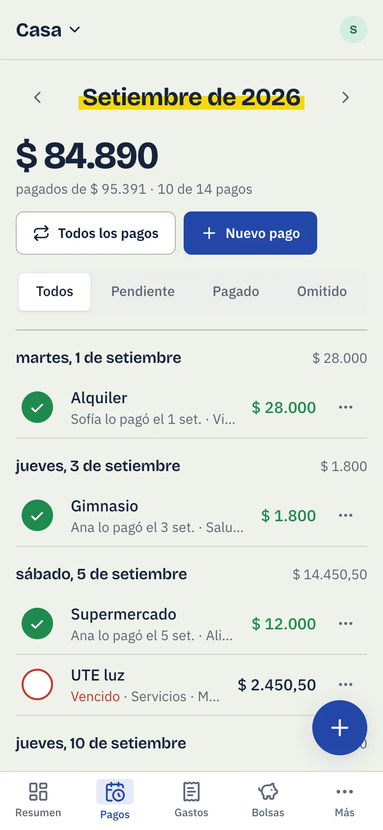 La lista de pagos del mes en Mensual, agrupados por día, con los pagados tildados y los vencidos marcados.