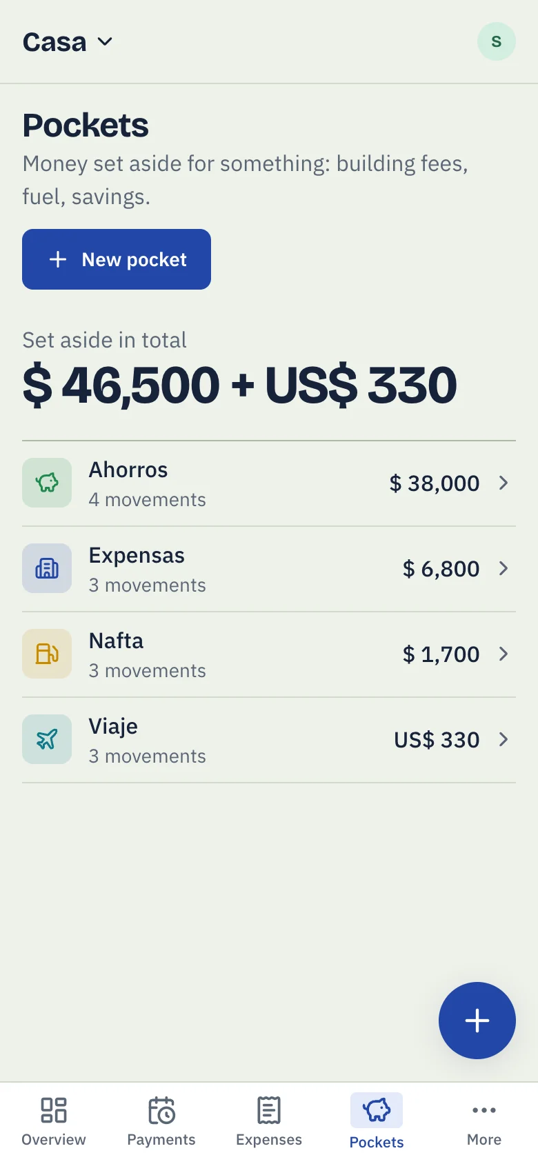 The pockets in Mensual: savings, building fees, fuel and a trip, each with its balance and what moved this month.