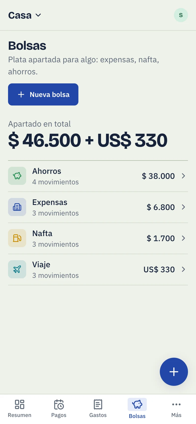 Las bolsas en Mensual: ahorros, expensas, nafta y viaje, cada una con su saldo y lo que se movió en el mes.