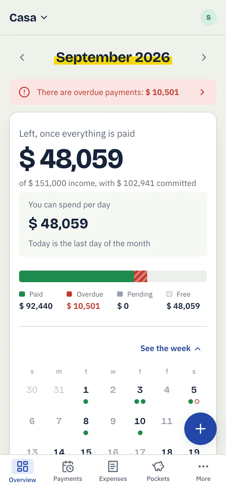 The summary of September in Mensual: what is left if everything gets paid, how much can be spent per day, and the month’s calendar with its due dates.